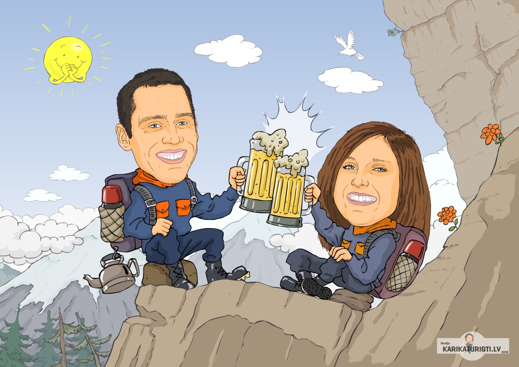 ﻿karikatūra alus kalns kāp&scaron;ana pāris laime saule augstums kempings daba kāpēji grauzdiņ&scaron;